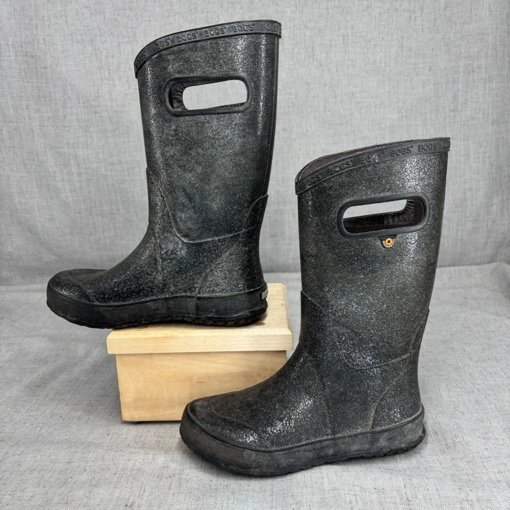 Bogs Girls Rain Boots Black Glitter Rubber Waterproof Pull On Youth Size 2